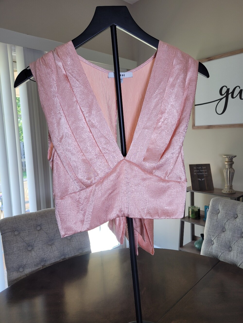 Sleeveless RO&DE Pink Satin like  V-Neck Wrap Top with bow.  Size XS